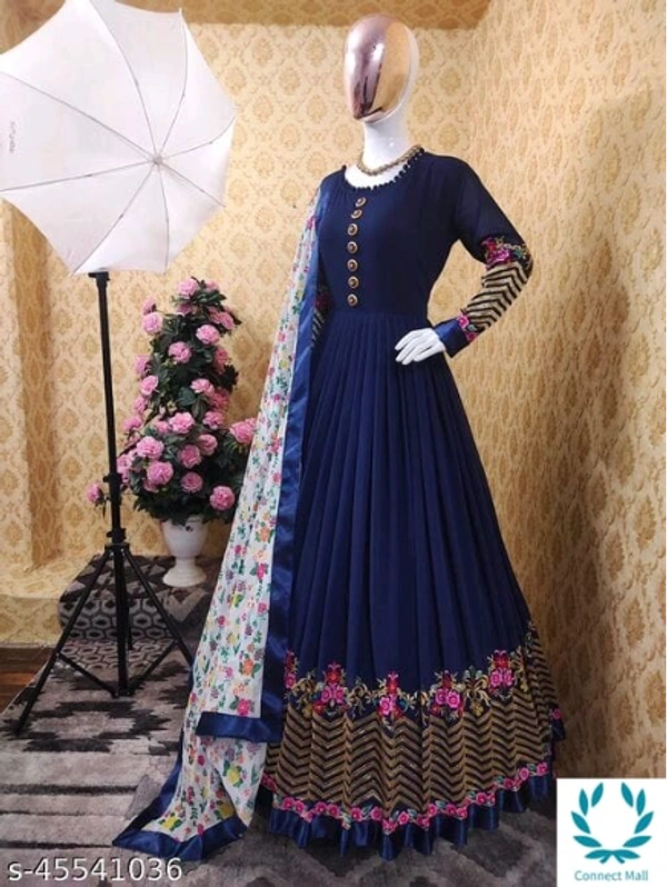 Blue Georgette Long Gown - Free Size, Blue, Georgette, Embroidered, Pack of :1